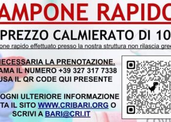 Croce Rossa di Bari organizza giornata di tamponi a 10 euro: il 21 gennaio in piazza Mercantile